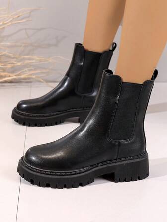 Women's Fashion Elastic Boots, British Style Motorcycle Ankle Boots, Black Thick Sole, Outdoor Short Boots, Spring Autumn New Korean Version