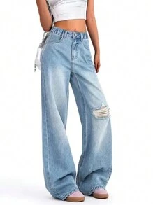 Teenage Girls Fashion Distressed Washed Wide Leg Loose Straight Jeans - Blue - View 3