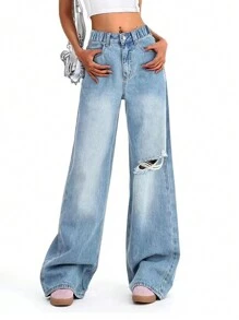 Teenage Girls Fashion Distressed Washed Wide Leg Loose Straight Jeans - Blue - View 2