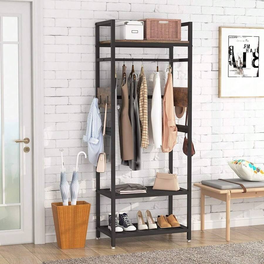 Industrial Hall Tree Entryway Coat Rack With With Shoe Storage Shelf