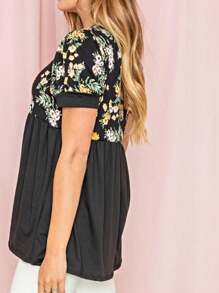 Boho Retro Baby Doll Ivory Navy Blue Floral Color Block Tunic Top Shirt - màu đen - Xem 4