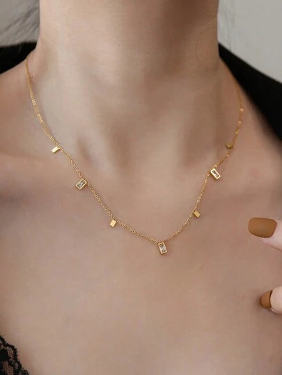 1件不锈钢时尚甜美独特精致小方钻项链，适合日常佩戴