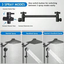 Shower Head, 12 Inch High Pressure Rainfall Shower Head/Handheld Shower Combo With 11 Inch Extension Arm, 9 Settings Adjustable Anti-Leak Shower Head With Holder/Hose, Height/Angle Adjustable - Black - View 2