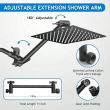 Shower Head, 12 Inch High Pressure Rainfall Shower Head/Handheld Shower Combo With 11 Inch Extension Arm, 9 Settings Adjustable Anti-Leak Shower Head With Holder/Hose, Height/Angle Adjustable - Black - View 5