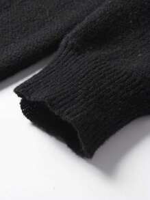 1 件女童休闲户外运动街头风格拼色宽松针织圆领毛衣，保暖厚实，适合秋冬季 - 黑色 - 查看 6