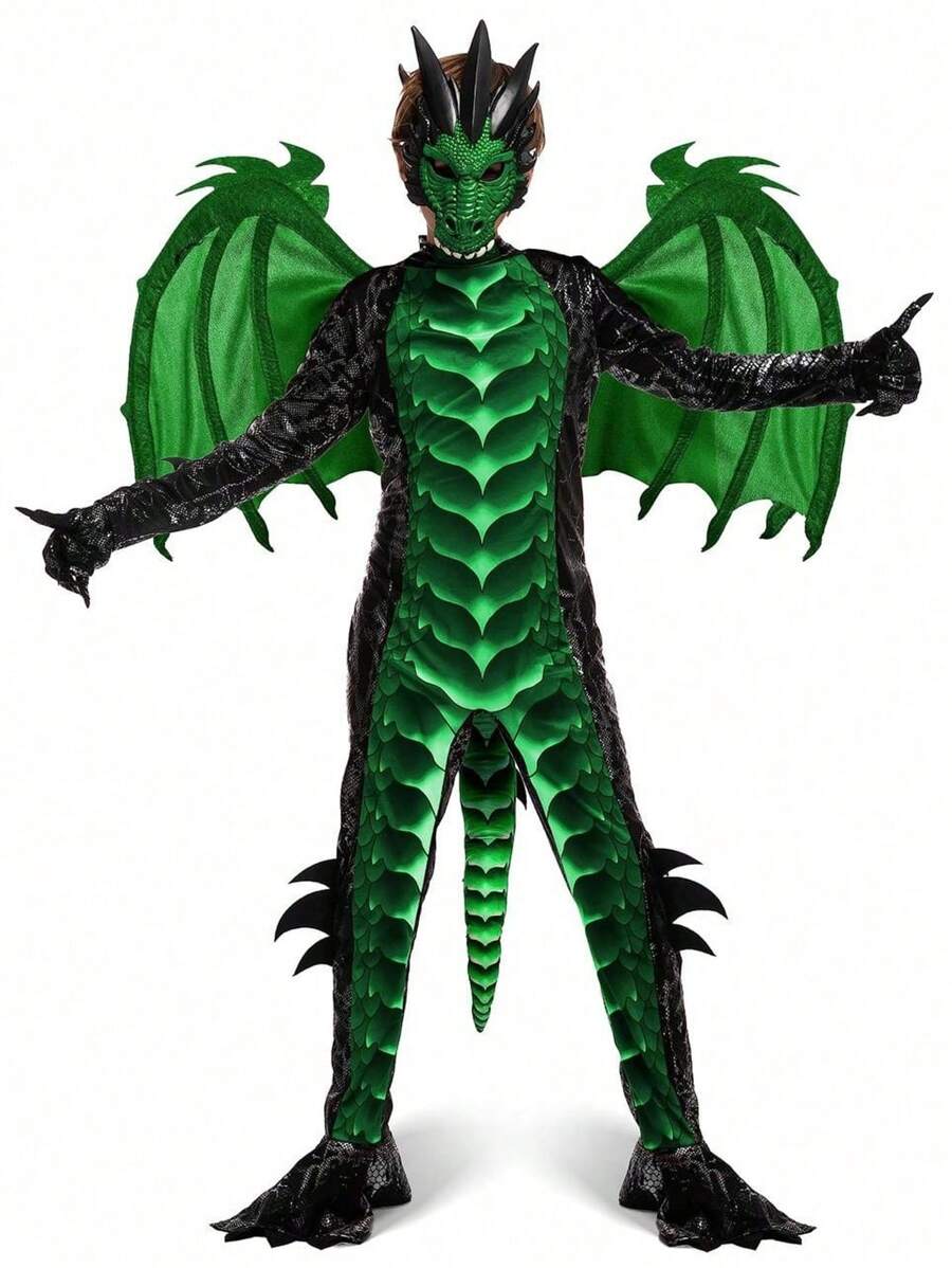 Joyfy Kids' Halloween Dragon Costume With Wings, Dragon Costume For Child, Tail And Mask Set For Halloween Dress Up - màu xanh lá - Xem 1