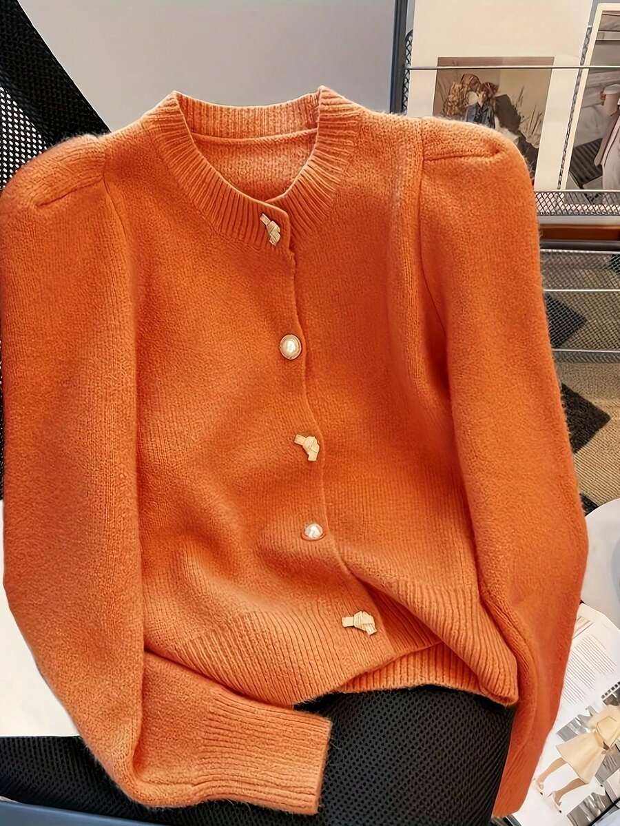 女士时尚宽松针织开衫毛衣春秋季泡泡袖