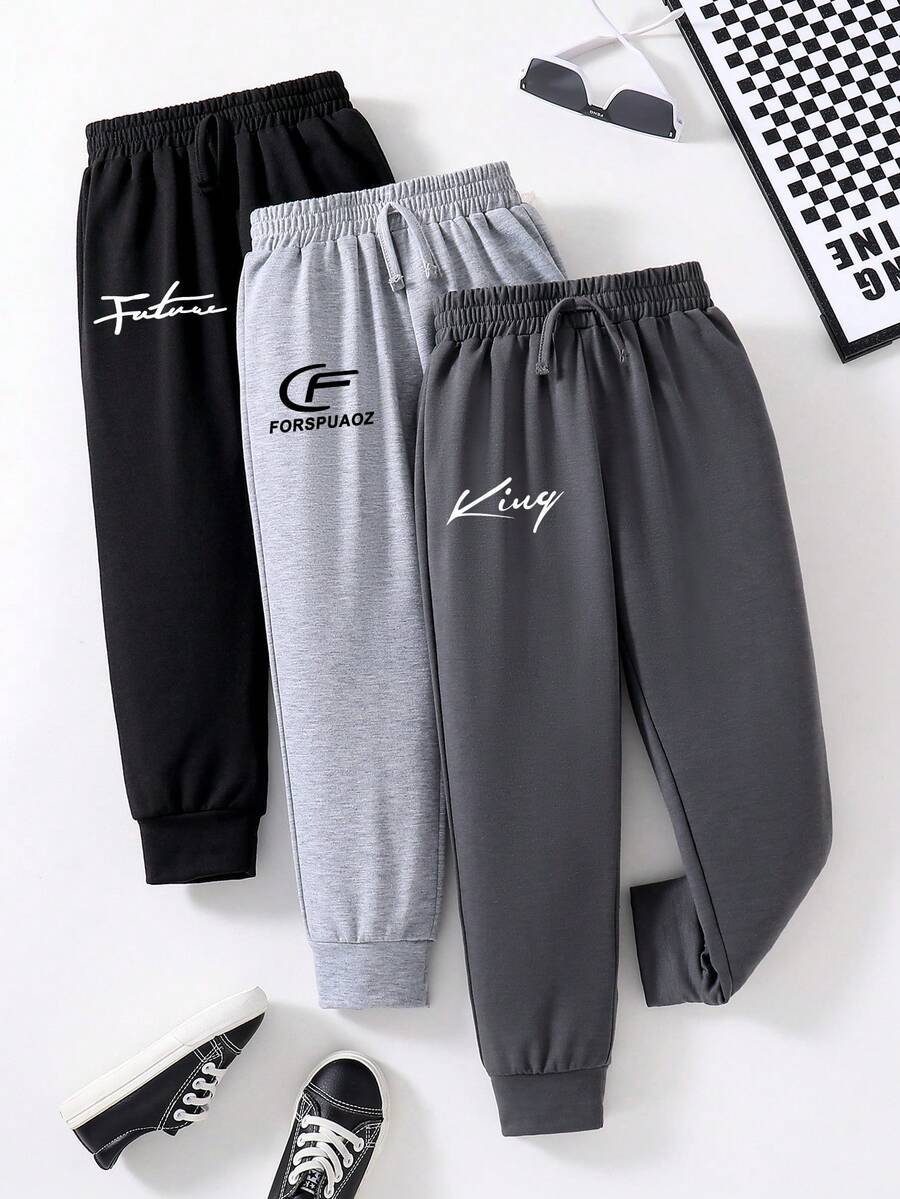 3pcs Tween Boys Letter Print Drawstring Sport Pants Sets - Multicolor - View 1