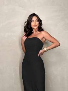 Tailored Midi Dress With Boned Bust And Back Slit - Black - View 3