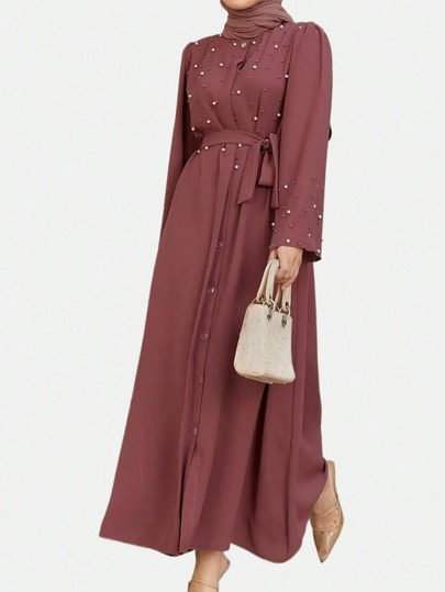 Vestido de roupão solto com decote redondo elegante e lindo para mulheres da moda