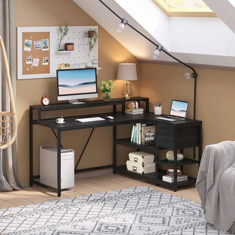 Tribesigns 55in Reversible L Shaped Desk White With Drawer And Storage