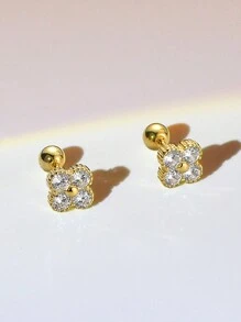 1 对 S925 纯银三叶草耳钉，带水晶，简约百搭的节日礼物 - 金色 - 查看 2