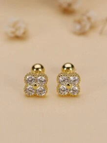 1 对 S925 纯银三叶草耳钉，带水晶，简约百搭的节日礼物 - 金色 - 查看 4