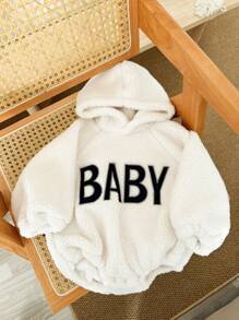 女婴羊毛绒刺绣加厚柔软保暖连帽长袖连体衣，冬季 - 白色 - 查看 6