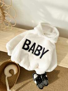 女婴羊毛绒刺绣加厚柔软保暖连帽长袖连体衣，冬季 - 白色 - 查看 4