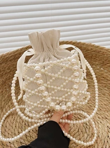 优雅珍珠手提包，手工串珠单肩包，夏季女士水桶包斜挎包 - 白色 - 查看 2