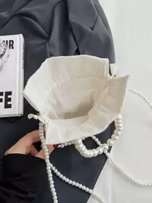 优雅珍珠手提包，手工串珠单肩包，夏季女士水桶包斜挎包 - 白色 - 查看 8