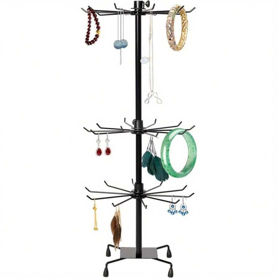 3 Tier Rotating Jewelry Tower Necklaces Hanger Stand Jewelry Holder Keyring Display Rotating Stand Rack For Organize Jewelry Necklaces Earrings Black - Black - View 1