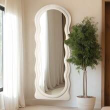 Full Length Mirror Irregular Full Body Mirror Wall Mounted Floor Mirror With Stand Pink Flannel Frame Leaning Hanging Wall Mirror For Bedroom Entrance - 波浪象牙色 - 查看 5
