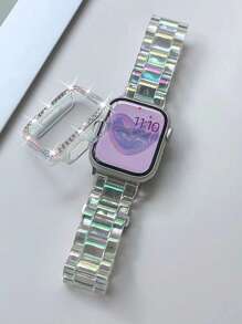 一套,兼容苹果手表表带和表壳,透明彩虹树脂表带 + 双排水钻镂空彩色电镀表壳,半硬壳防摔,适用于苹果手表,女士款,尺寸:38mm、40mm、41mm、42mm、44mm、45mm、46mm - 七彩色 - 查看 5