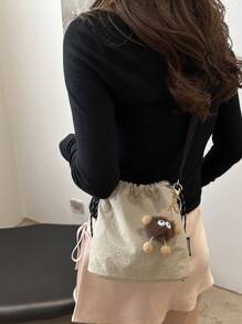 1pc Plush Pendant Accessory Included, 1pc Nylon Solid Color Drawstring Bucket Bag, Crossbody Shoulder Bag For Women, Fashion - Beige - View 6