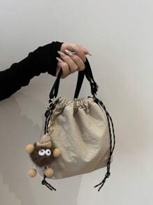 1pc Plush Pendant Accessory Included, 1pc Nylon Solid Color Drawstring Bucket Bag, Crossbody Shoulder Bag For Women, Fashion - Beige - View 5