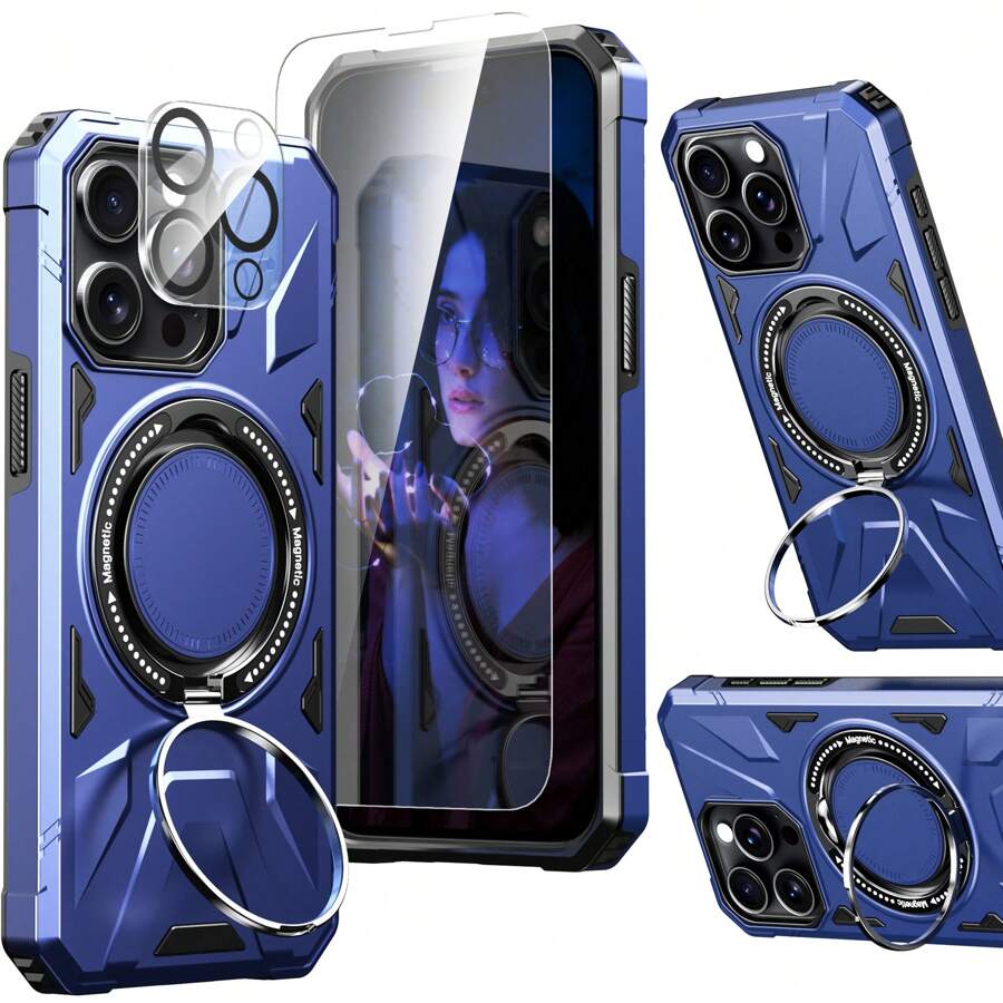 IDsarah 适用于 iPhone 14 Pro 手机壳，带屏幕保护膜 + 360° 环形支架 + 相机镜头保护膜，兼容 Magsafe，双层保护坚固磁性重型保护硬质 PC 外壳，黑色、红色、蓝色、紫色，适用于万圣节、圣诞节、生日、新年礼物、送给朋友的礼物 - 藏蓝色 - 查看 1