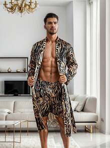 QING ROU Men's 2-Piece Tiger Print Robe Set, Luxury Ice Silk Pajamas, Loungewear For Men, Soft Bathrobe And Shorts, Gift For Him - 彩色 - 查看 1