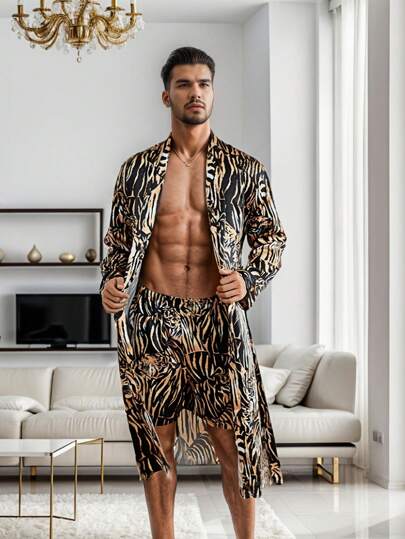 QING ROU Men's 2-Piece Tiger Print Robe Set, Luxury Ice Silk Pajamas, Loungewear For Men, Soft Bathrobe And Shorts, Gift For Him