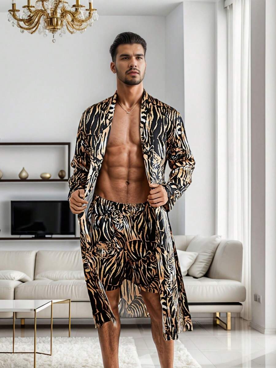 QING ROU Men's 2-Piece Tiger Print Robe Set, Luxury Ice Silk Pajamas, Loungewear For Men, Soft Bathrobe And Shorts, Gift For Him - 彩色 - 查看 1