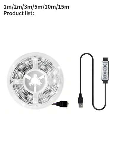 1卷USB 5V电视背光RGB LED灯条，三键便捷控制，无需遥控器，数据线上的按钮可轻松切换颜色、模式和开关，操作简单直观。
