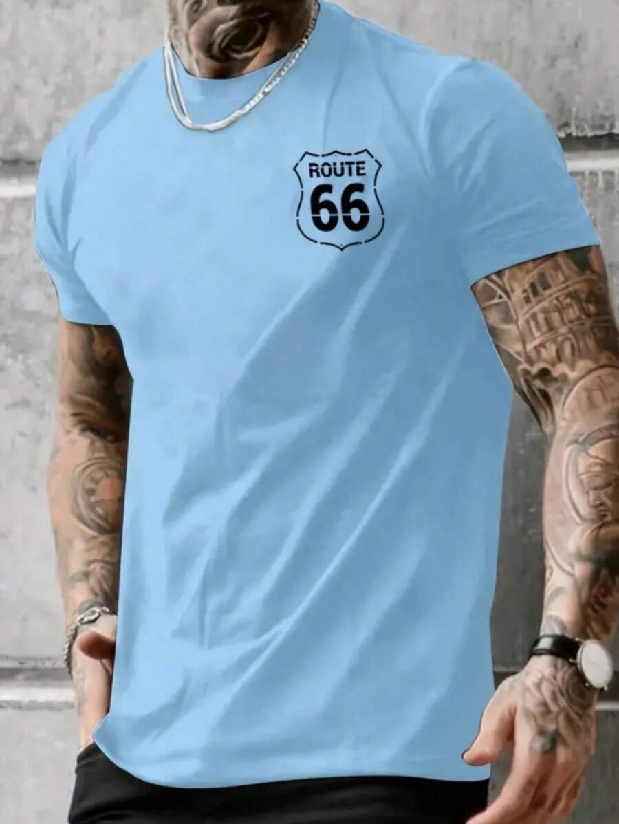 Men's Route 66 T-Shirt Printed Round Neck Shirt 100% Cotton - 淺藍色 - 查看 1