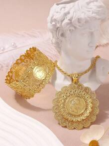 1 Set Middle East Style Fashion Palace Hollowed-Out Sunflower Round Pendant Necklace, Matching Napoleon Coin Portrait Engraved Adjustable Bangle, Suitable For Wedding, Party, And Event Wear