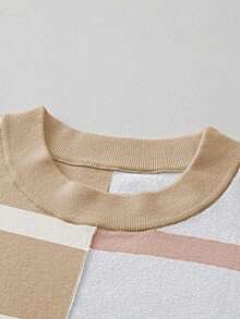 CILKOO Áo len dệt kim dáng rộng, vai rớt, phối màu tương phản, kẻ sọc. - Màu Khaki - Xem 7