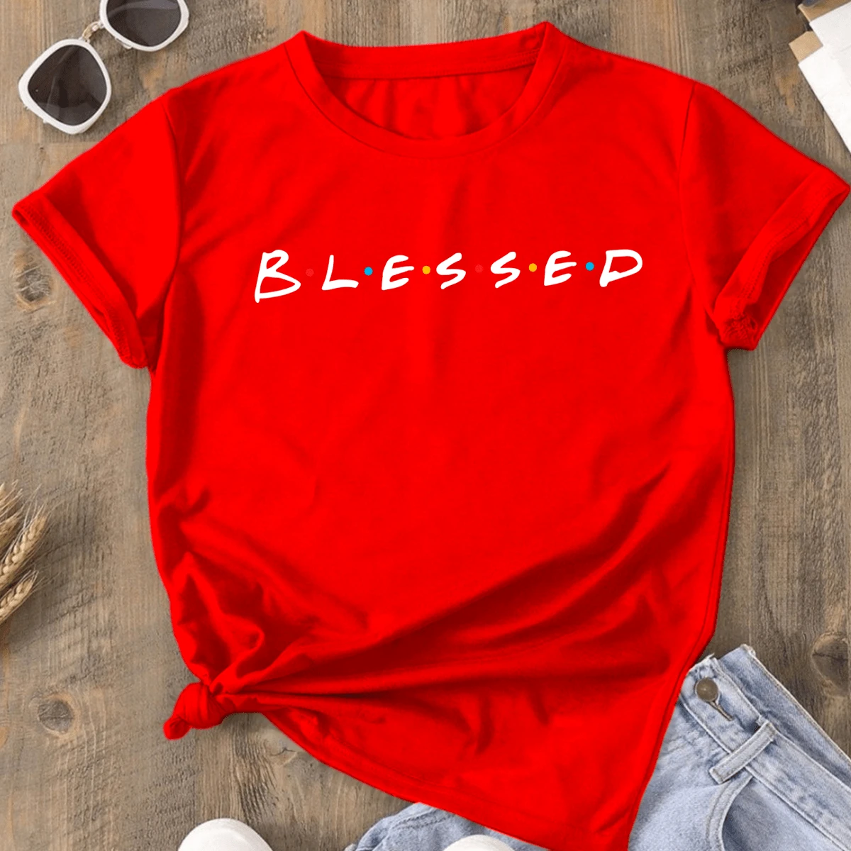 Women's Printed T-Shirt - 紅色 - 查看 1