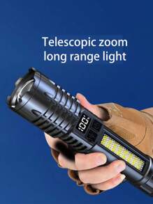 1pc Strong Light LED Flashlight,Battery Display, COB Side Light, Plastic Rechargeable Portable Type C Charging Lamp Long-Range Telescopic Zoom Outdoor For Camping, Hiking, Hunting And Emergencies, Camping Accessories