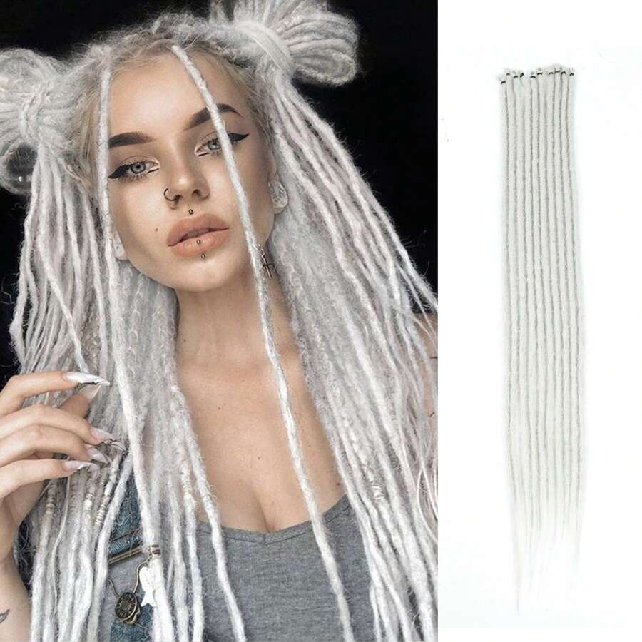 DZfirst 1/4 Pack (10/40 Strands) Fine 0.6cm Handmade Hip Hop Style Dreadlock Extensions, Light Gray, 18-36 Inches, Heat Resistant Synthetic Hair, Pre-Stretched Extensions, Braiding Hair