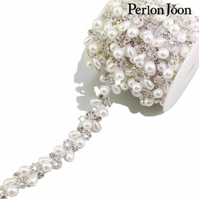 Perlon Joon 1条白色珍珠水晶水钻饰边丝带，水晶银色珍珠扁链，新娘婚纱装饰配饰