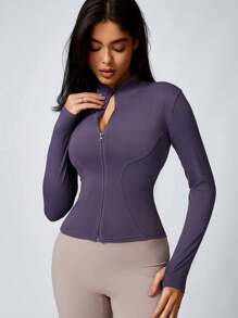 女士运动夹克，带拇指孔，适合跑步、瑜伽、日常穿着，秋季款 - 紫色 - 查看 4