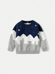 小男孩山熊印花针织毛衣 小男孩双层针织套头衫