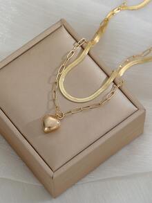 2 件/套心形盒设计别致金色刀片链配吊坠心形项链套装，奢华珠宝礼物送给女士 - 金黃色 - 查看 2