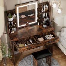 VOWNER Makeup Vanity Desk With Outlet, LED Lighted Mirror Brightness & Color Adjustable, 4 Shelves, 2 Drawers And Stool, For Girls Women - 質樸棕色 - 查看 2