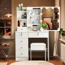 Dressing Table LED Makeup Desk 5 Drawers With Lights Sliding Mirror Stool White