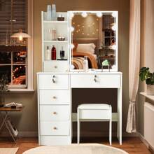 Dressing Table LED Makeup Desk 5 Drawers With Lights Sliding Mirror Stool White