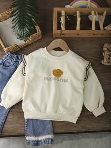 1 Stück Locker sitzender Rundhalsausschnitt Sweatshirt mit Rüschenärmeln in Weiß für Kleine Mädchen, Herbst/Winter - Beige - Übersicht 2