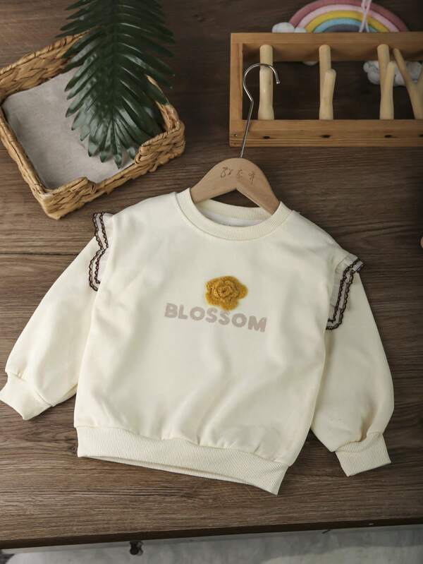 1 pezzo Felpa a girocollo morbida e casual con maniche lunghe e maniche a balze per ragazze, in bianco, per autunno/inverno