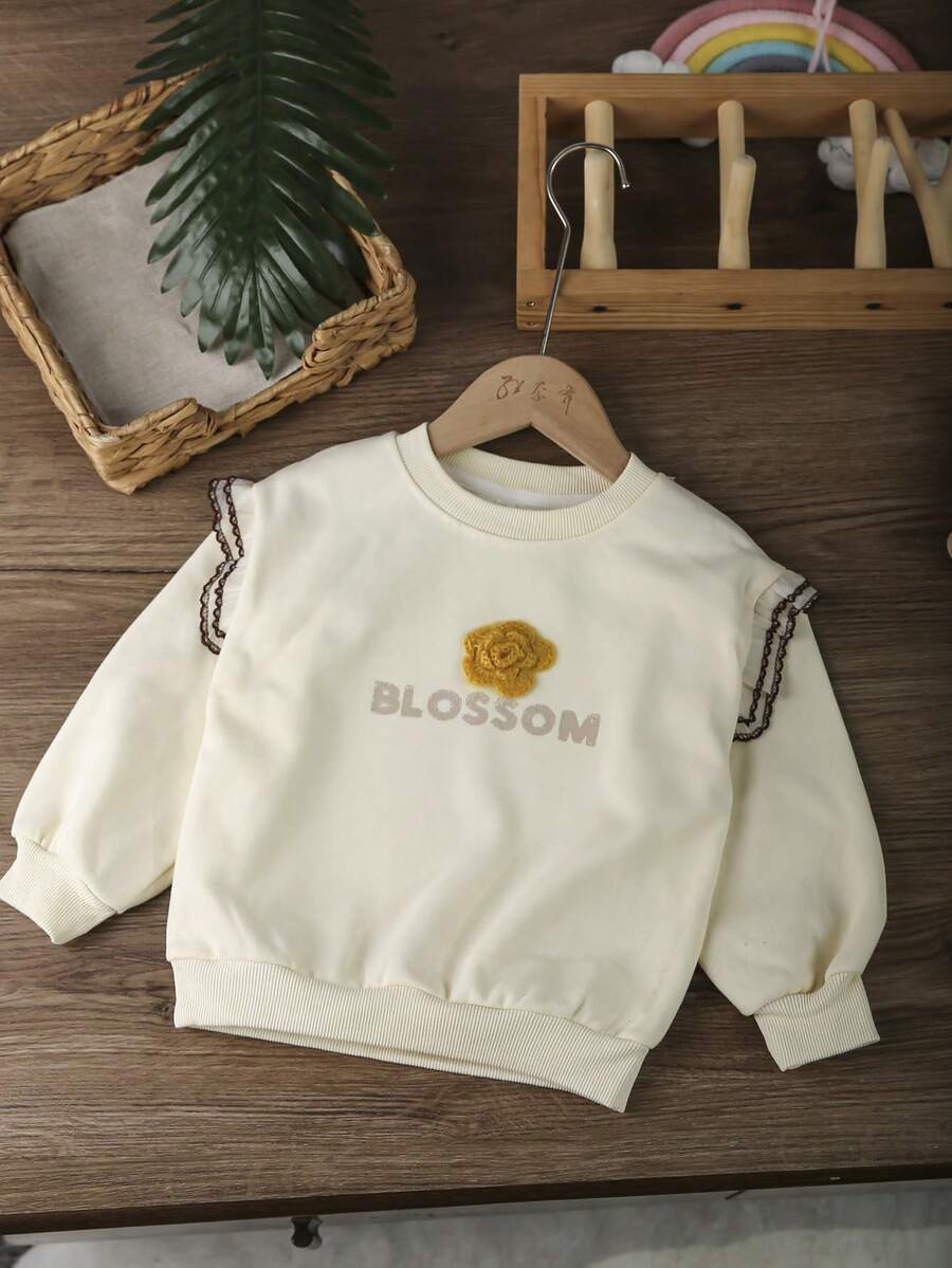 1 Stück Locker sitzender Rundhalsausschnitt Sweatshirt mit Rüschenärmeln in Weiß für Kleine Mädchen, Herbst/Winter - Beige - Übersicht 1
