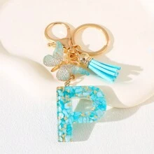 Llavero con letra del alfabeto en azul cielo con flecos de mariposa, llavero con inicial de piedra de resina con mosquetón - Accesorio decorativo de llavero para mujer, niña, mochila, colgante, accesorios para bolso, cordones con portaidentificación, accesorios para coche, encantos para bolso, regalo de Navidad, regalo para maestra, amiga, hermana - Multicolor - Ver 24