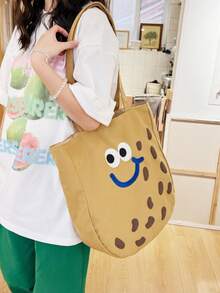 2024 New Cute Small Student Female Canvas Tote Bag With Large Capacity, Hand-Held & Shoulder , Suitable For Shopping, Commuting, Going To School And Office Workers - Brown - View 2