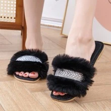 Sandalias pantunflas con peluche para mujeres ,Chanclas con diseño brillos comoda y ligera - Negro - Ver 1